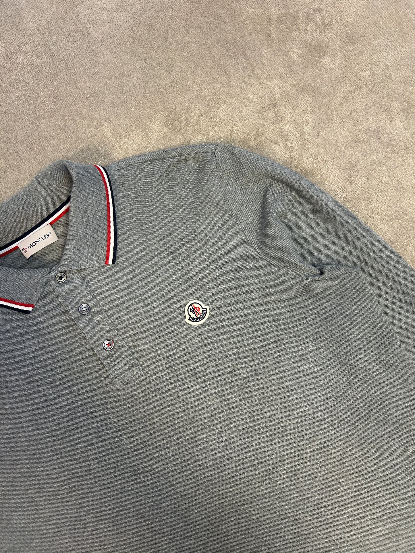 Moncler Tricolour Trim Long-Sleeve Polo Shirt - Grey