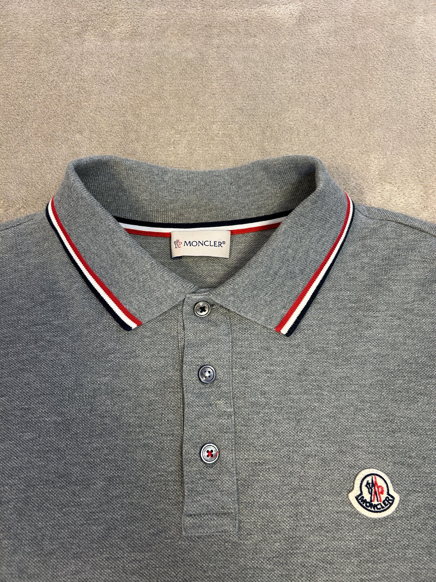 Moncler Tricolour Trim Long-Sleeve Polo Shirt - Grey