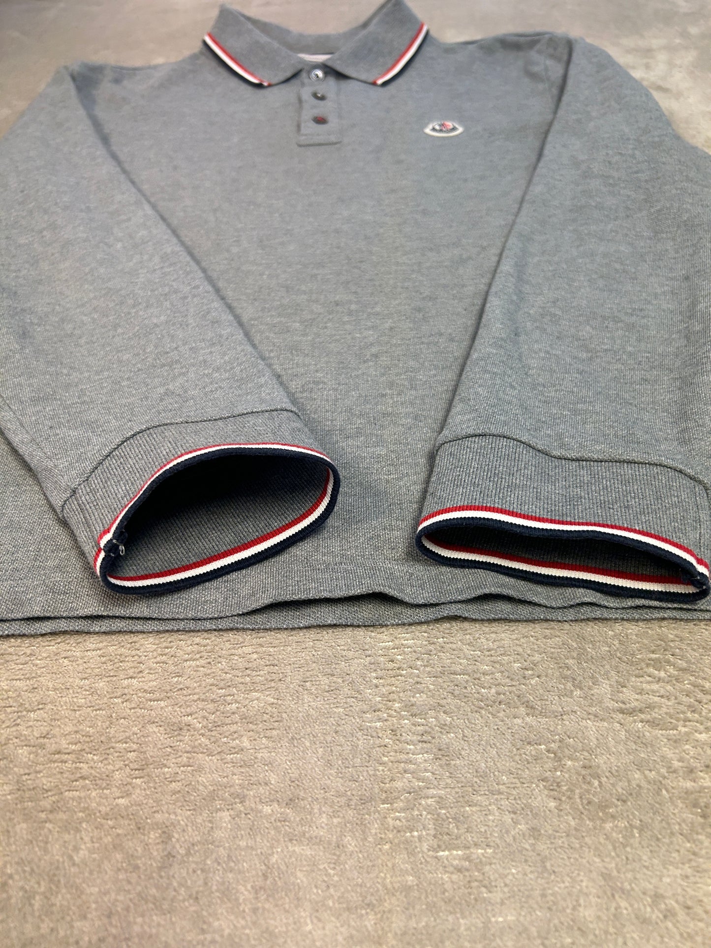 Moncler Tricolour Trim Long-Sleeve Polo Shirt - Grey