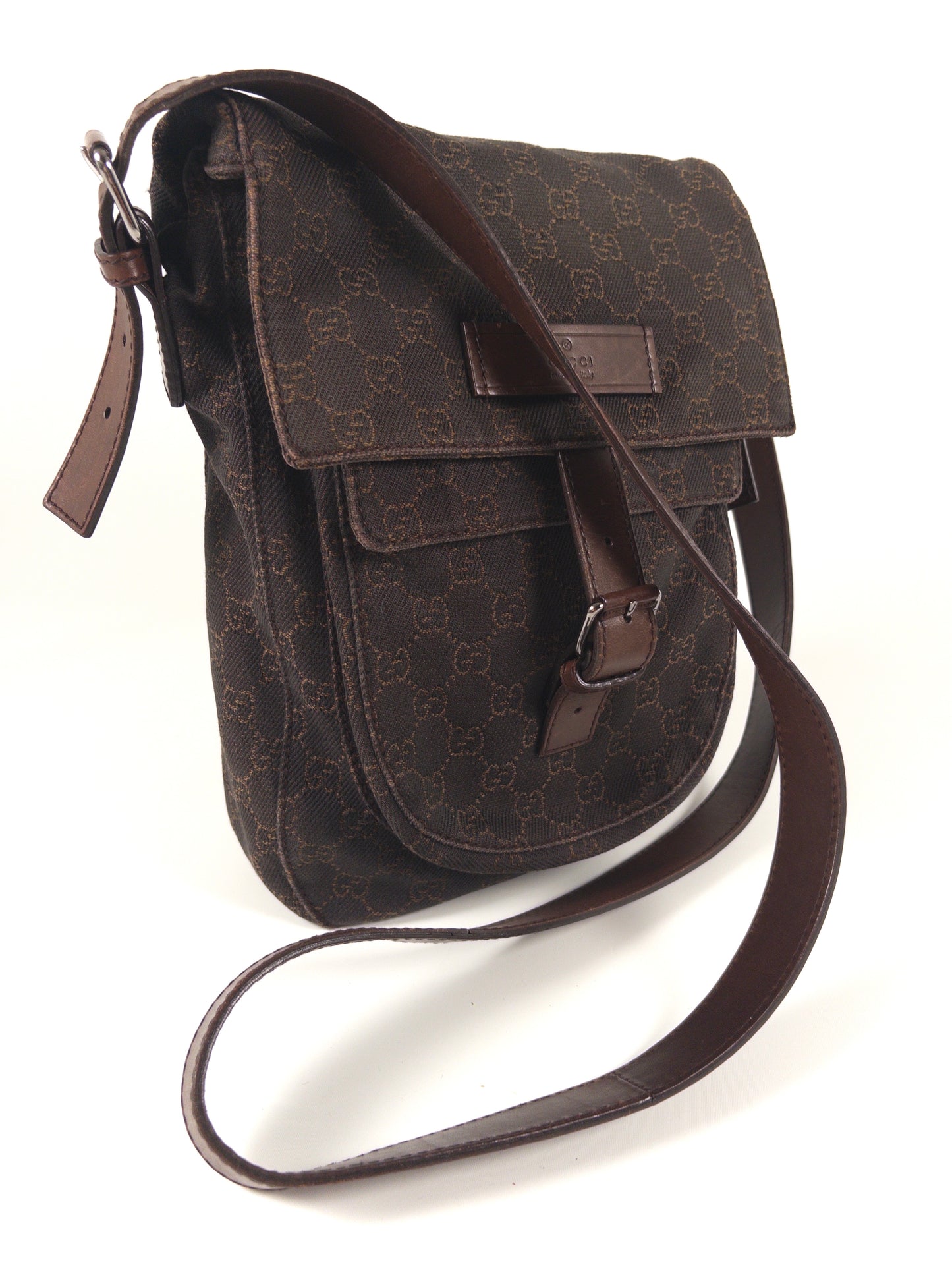 Gucci GG Denim and Calf Leather Logo Embossed Shoulder Bag