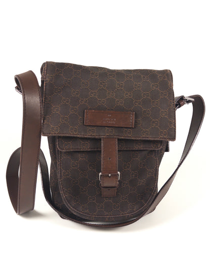 Gucci GG Denim and Calf Leather Logo Embossed Shoulder Bag