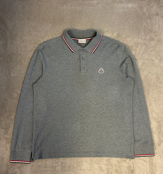Moncler Tricolour Trim Long-Sleeve Polo Shirt - Grey