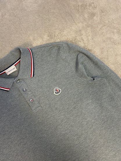 Moncler Tricolour Trim Long-Sleeve Polo Shirt - Grey