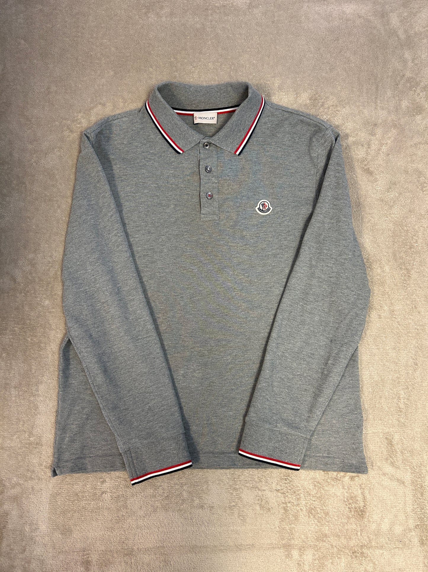 Moncler Tricolour Trim Long-Sleeve Polo Shirt - Grey